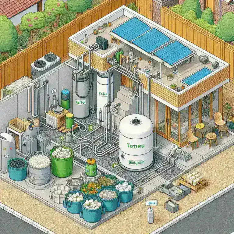 "Ilustrasi proses teknologi pengolahan limbah tahu dan tempe menjadi biogas skala rumah tangga, menampilkan peralatan dan metode yang efisien untuk konversi limbah organik menjadi energi terbarukan."