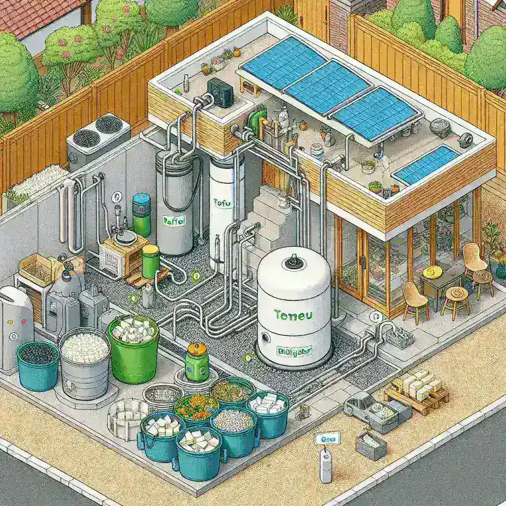 "Ilustrasi proses teknologi pengolahan limbah tahu dan tempe menjadi biogas skala rumah tangga, menampilkan peralatan dan metode yang efisien untuk konversi limbah organik menjadi energi terbarukan."